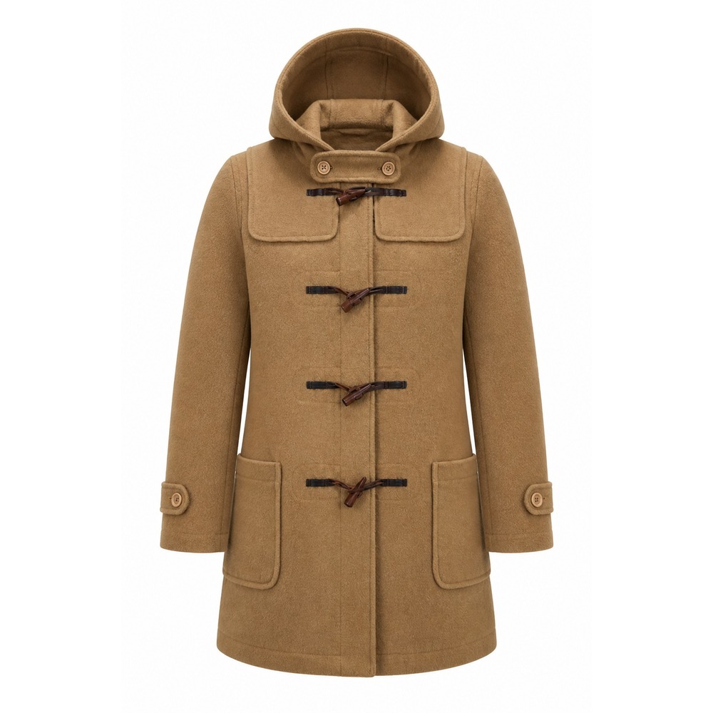 Abercrombie Fitch Womens S Tan Wool Blend Duffle Coat Hooded Leather Toggle VTG